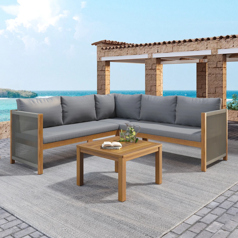 PINGGO Gartenmöbel-Set Ecksofa und Couchtisch mit Akazienholzgestell und geflochtenem Seilgeflecht, geeignet für den Garten