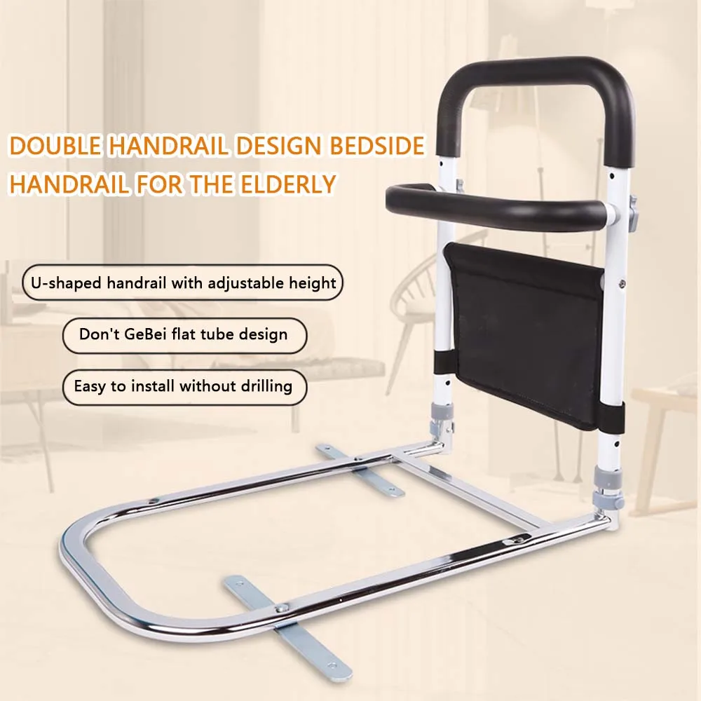 Bed Assist Bar with Storage Pocket, Height Adjustable Bed Rail for Elderly Adults, Assistance for Getting In and Out of