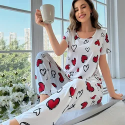 Kadın pijama takımı rahat kalp baskı kısa kollu üst uzun pantolon pijama 2 parçalı Set kadınlar için ev tekstili yuvarlak boyun takım elbise