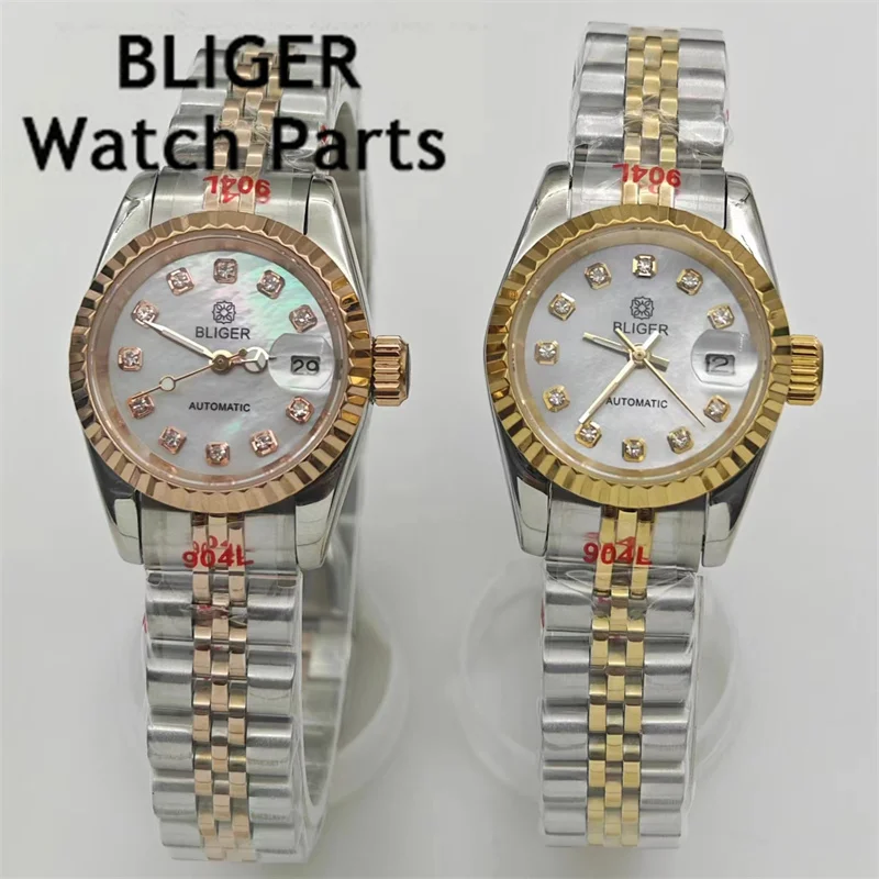 BLIGER 26mm Luxury Women\'s Watch Diamond Pink Mother Pearl Shell Dial Sapphire Glass NH05 automatic movement waterproof