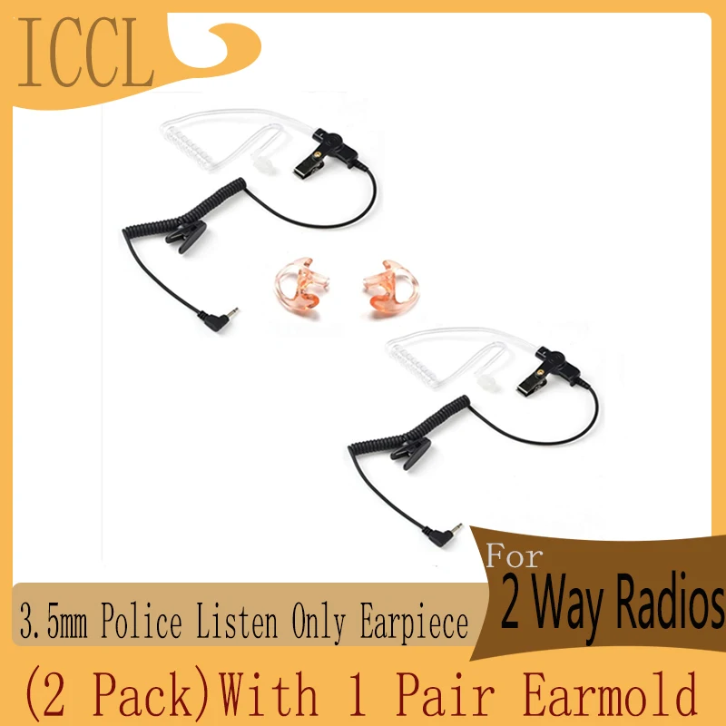 ICCL-Police Listen Only Walkie Talkie Accessories, Earpiece Headset, Clear Acoustic Coil Tube for Two Way Radio, 3.5mm, 2 Pcs