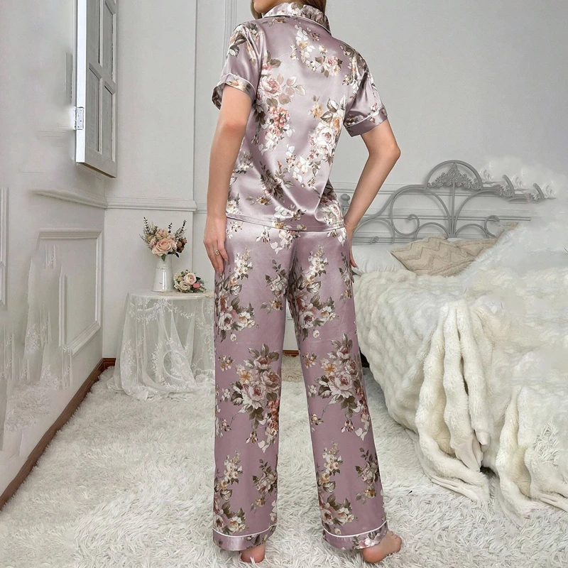 Women\'s Satin Pajamas 2 Piece Autumn Short Sleeve Top & Long Pants Pj Sets Silky Sleepwear Loungewear for Ladies Home Clothes