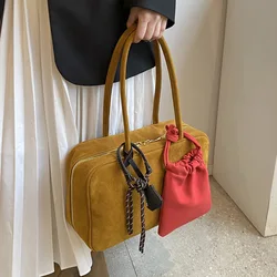 2Pcs Plain Color Autumn/winter Faux Suede Tote Bag Vintage Boston Women Shoulder Bags Large Capacity Lady Handbags with Pendant