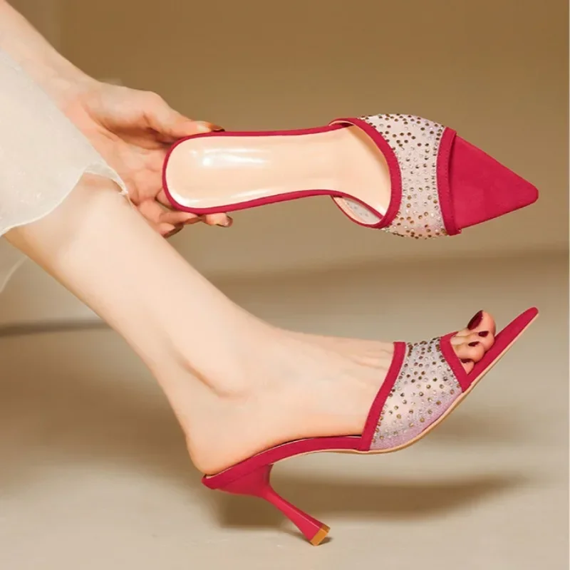 

Luxury Rhinestone Ladies Slippers New Summer Fashion Pointed Comfortable Non-slip Slippers Open Toe Banquet Party Shoes Women