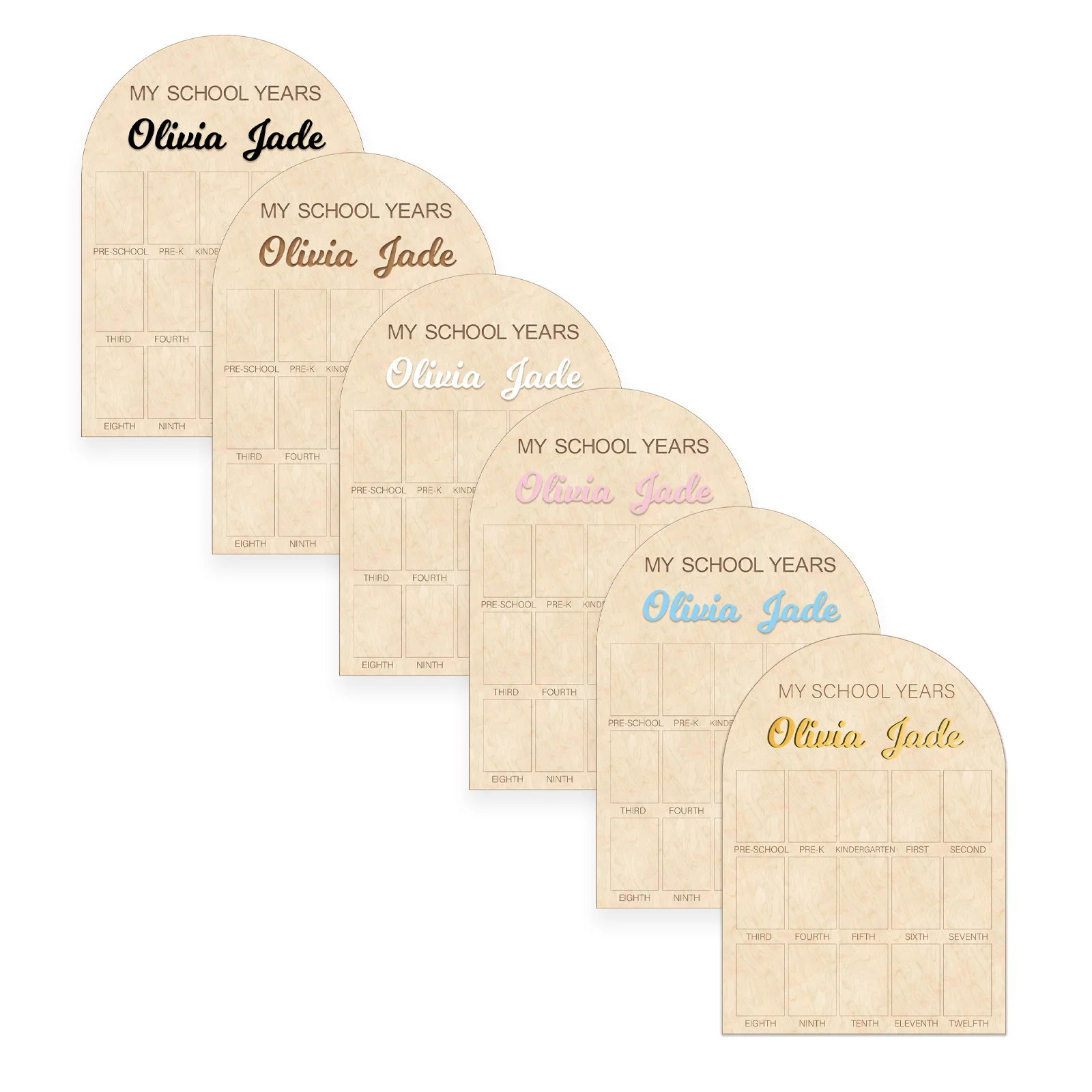 Personalized My School Years Wooden Photo Board - 15 Slot School Memory Display, 42.3x30cm, 6 Color Name Options