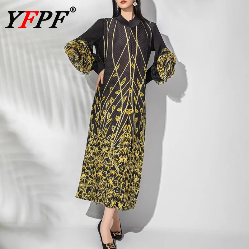 

YFPF модное платье с цветочным принтом для женщин, воротник-стойка, рукав-фонарик, свободные длинные платья контрастного цвета, элегантное, новинка 2026 г.