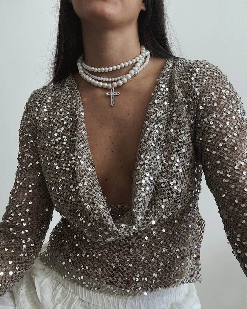 Primavera otoño moda mujer cuello pico sólido ajustado pulóver mujer Casual manga larga Club blusa de fiesta lentejuelas brillantes Top de pecho bajo