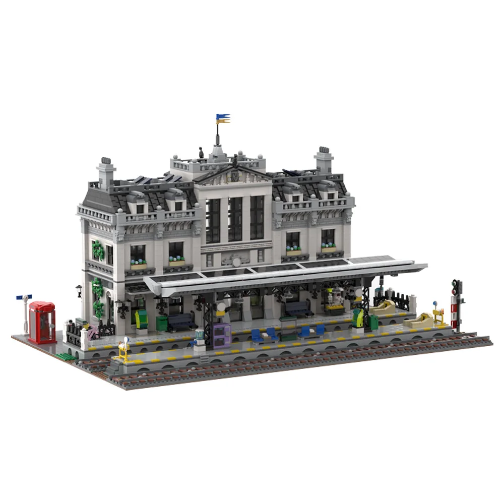 

MOC Train Station Model Building Blocks Large Train Station European-Style Transportation Hub Brick Toy Adult Gift