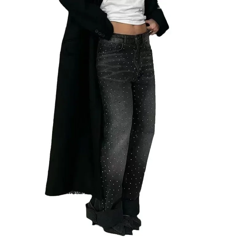 Wide Leg Ankle Length Pants Women Diamonds Jean Washed High Waist Vintage Jeans Loose Fit Pockets Zipper Fly Punk Style