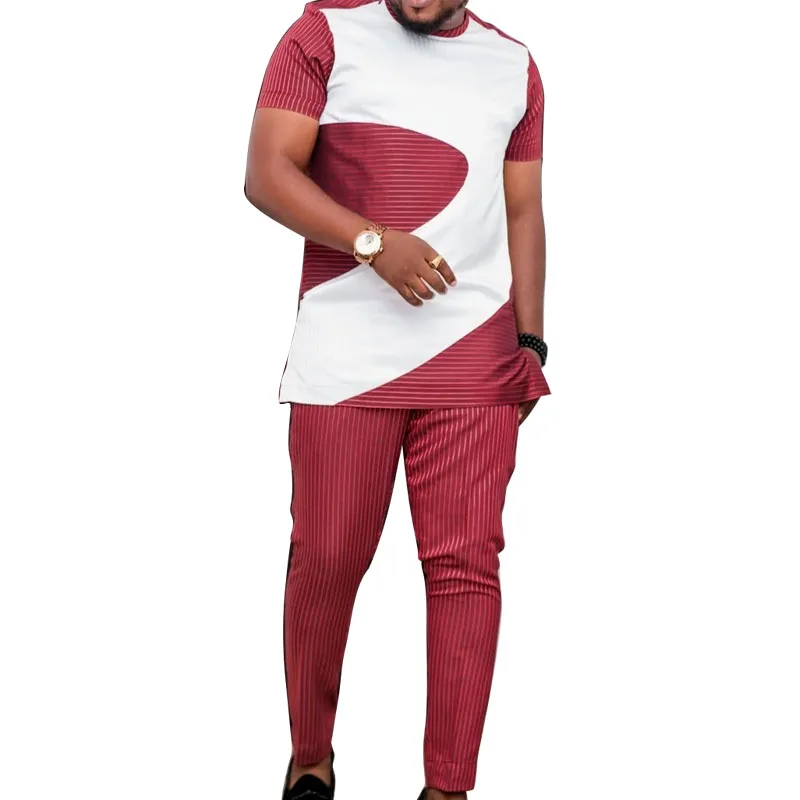 Summer Men\'s Red Stripe Suit Short Sleeves Set Patchwork Tops With Pant Male Nigerian Fashion Design African Groom Party Outfits