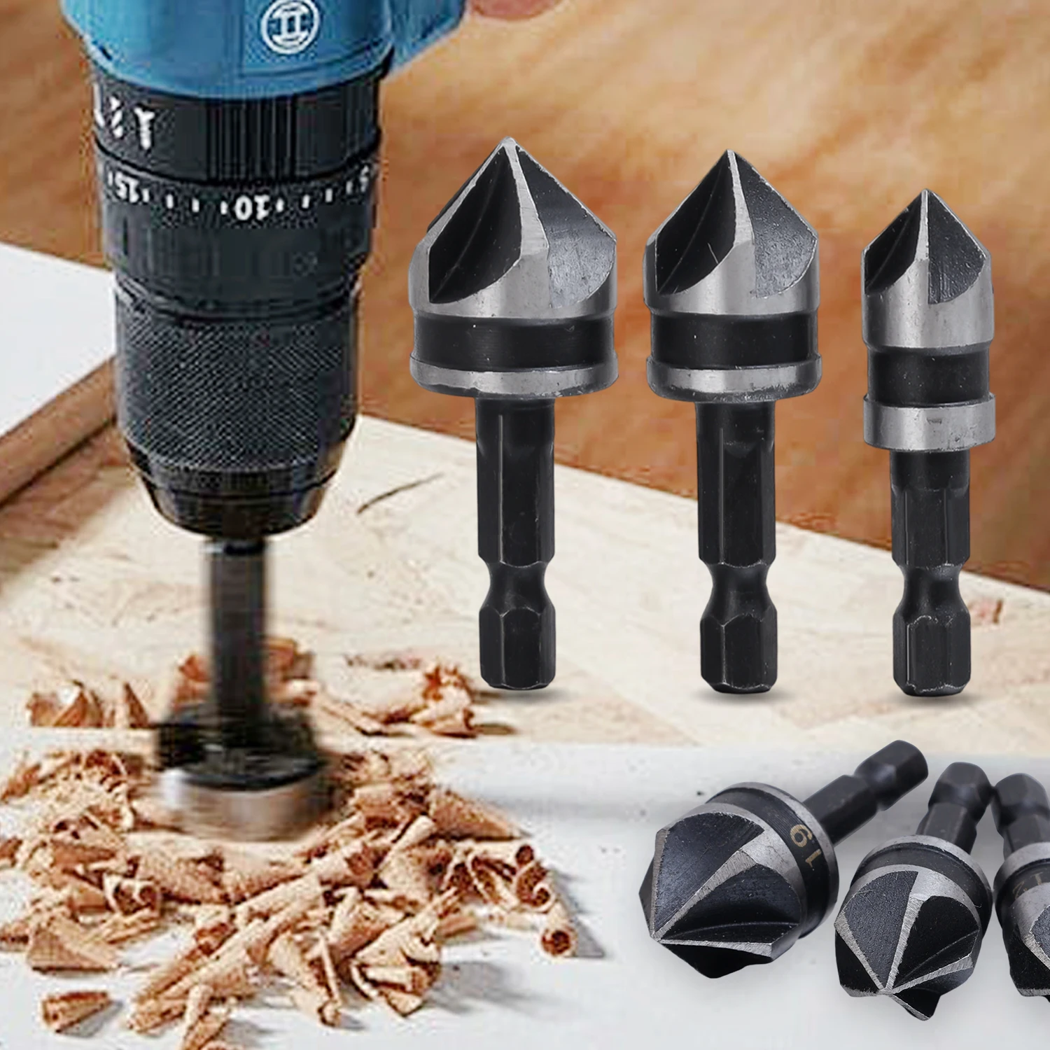 High Speed Steel Chamfer Drill Bit Cutter Set Hexagon Shank Chamfering Countersink Bits Woodworking Power Tools for Wood Metal