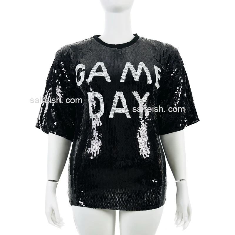 

Saireish Black Football Baseball Game Day Sequin Undefined Women's Blouses & Shirts Clothes Women