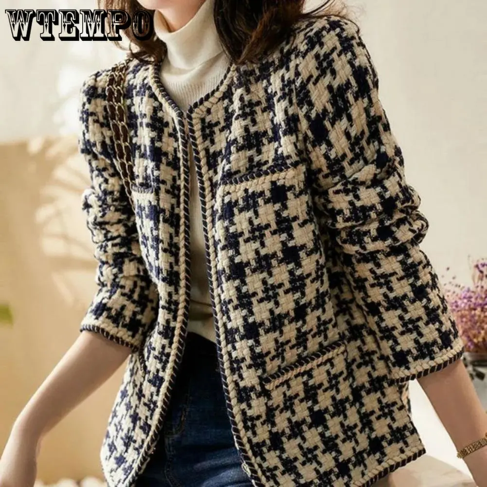 WTEMPO Vintage Early Autumn Tweed Women Jacket Elegant Grid Lady Winter Cardigan Open Front Plaid Outwear