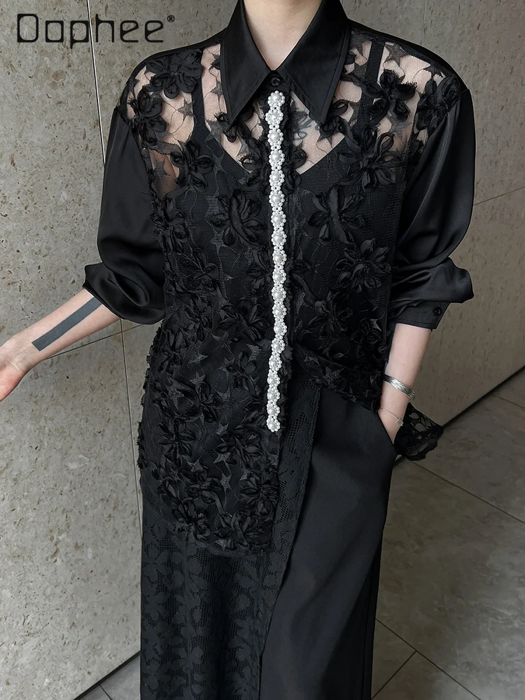 

French Heavy Industry Lace Splicing Shirt Simple Temperament Long Sleeve Hollow Casual Loose Shirt Women Light Luxury Mesh Top