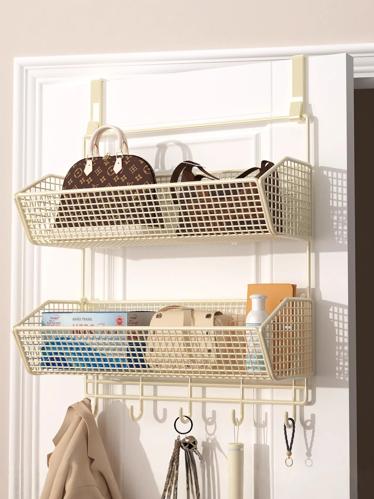 

Современная многослойная подвесная корзина-органайзер для двери из матового железа, не требующая сверления, для хранения и экономии места