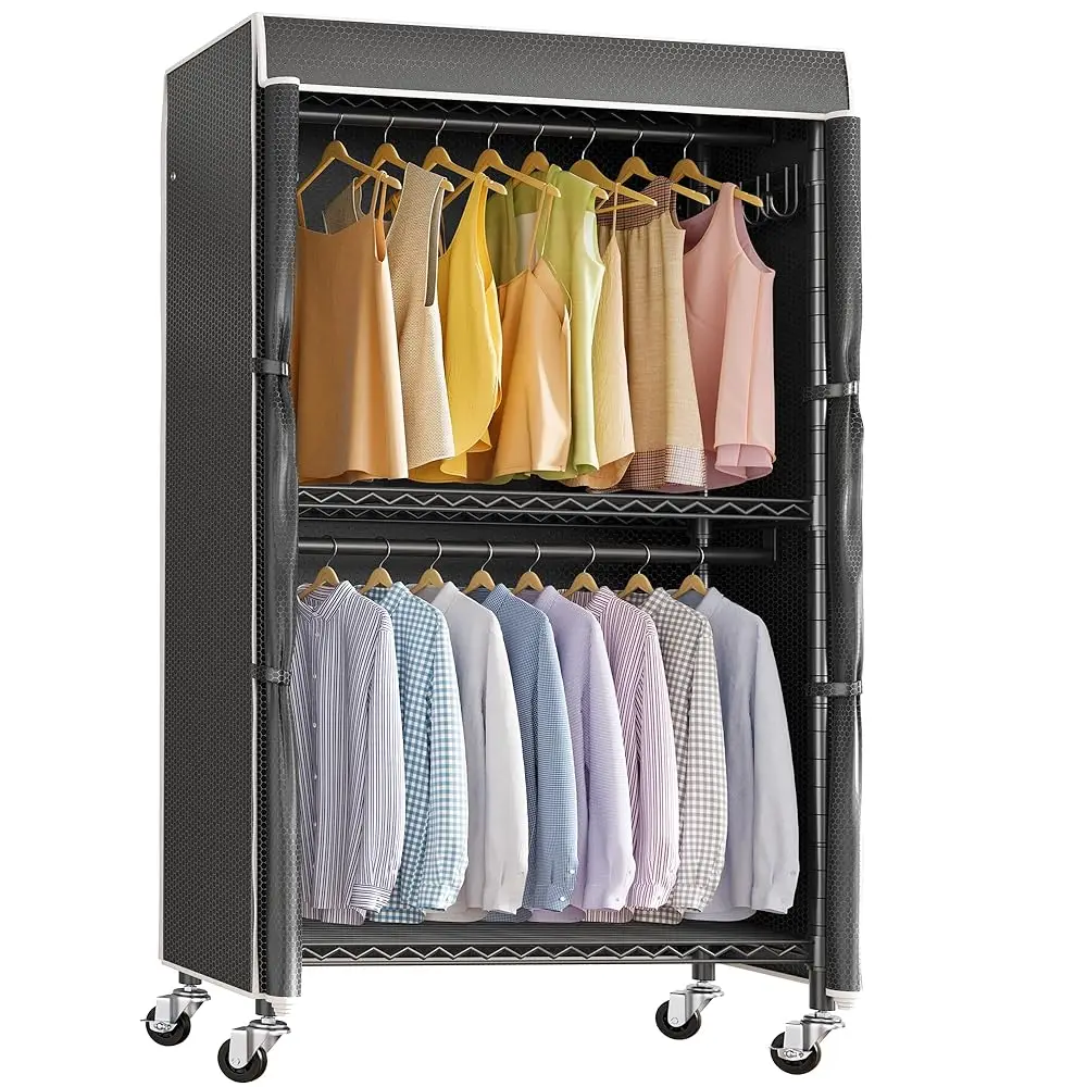 

R2C Medium Heavy Duty Clothes Ra Rolling Garment Ra With Cover Adjustable Clothing Ra For Hanging Clothes Portable Closets With