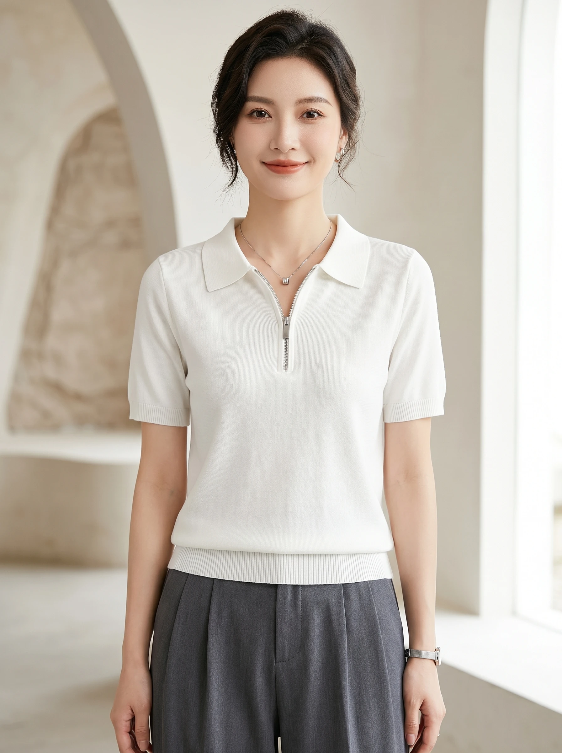 

Women Knit Polo Neck T Shirt Casual Gray Top for Summer 2026 Vacation Office Wear Zip Up Lightweight Breathable Fashion Tee