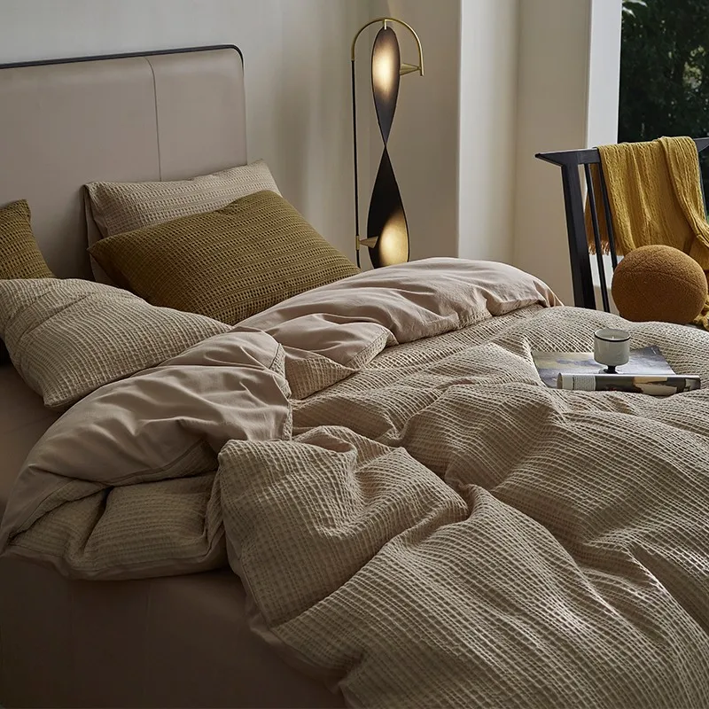 100%Washed Cotton Waffle Weave Duvet Cover Bed Sheet Pillowcases Double Queen King Comforter Cover Bedding set Soft Breathable