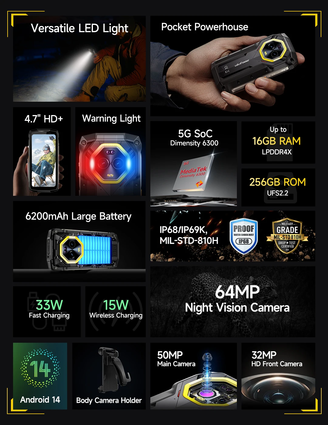 Ulefone Armor Mini 20 Pro 4.7" Rugged Phone 5G Smartphone Android 14 6200mAh 16GB(8+8) 256GB 64MP Night Vision 33W Fast Charge