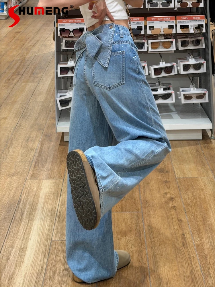 

Detachable Bow Hot Diamond Jeans Women's 2026 Spring New Over Size Loose Elegant Denim Trousers Starry Sky Wide Leg Denim Pants