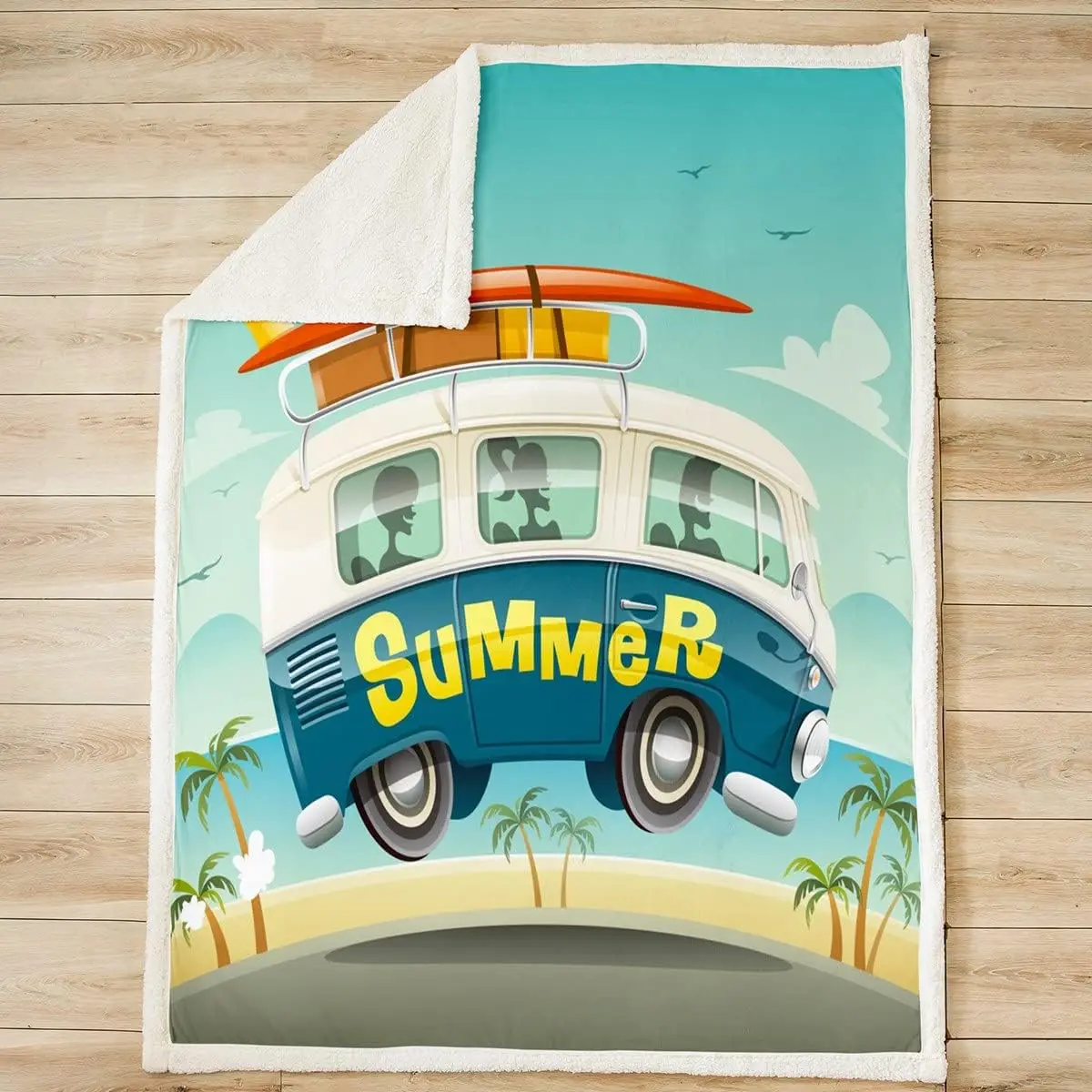 Summer Camping Flannel Blanket,Cartoon Car Surfboard Sea Beach Fuzzy Blanket for Children Present,Ocean Wave Surfing