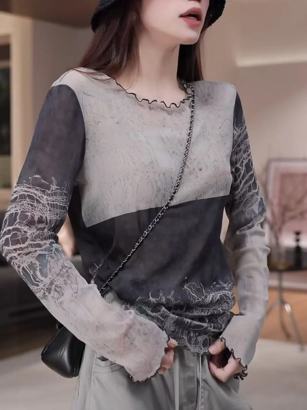 

High-End Korean Japanese Design Color Block Long Sleeve round Neck T-Shirt Women's plus Size Casual Fashionable Sun Protectio...