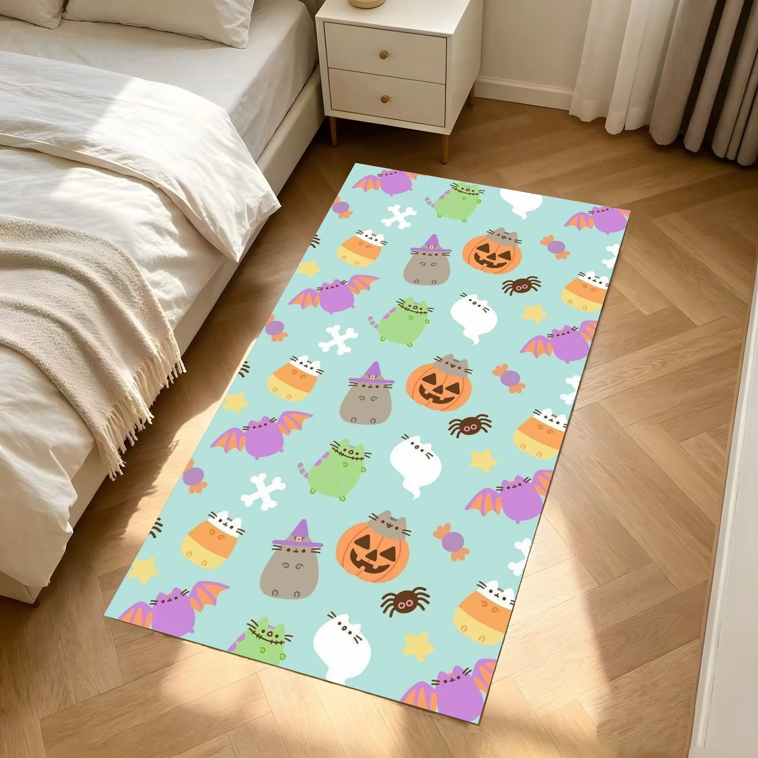 2D Large Carpet with Halloween Pumpkin Ghost Black Cat All-Over Cartoon Print Fun Bright and Eye-Catching Creating a Spooky Atmosphere