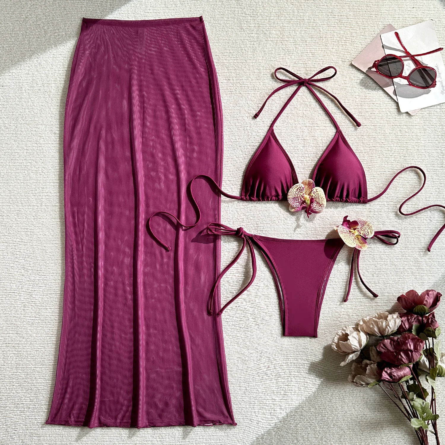 

sexy 3d flower purple halter tie bikinis sets three pieces with mesh long skirt swimsuits bathing suit beach outfits biquini