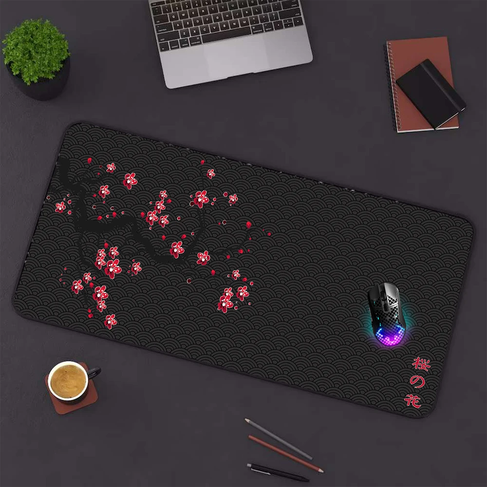 Imagem -03 - Estilo Japonês Mouse Pad Cherry Blossom Mouse Pad Grande Onda Mousepad Vermelho Preto 900x400 1000x500 Dropshipping