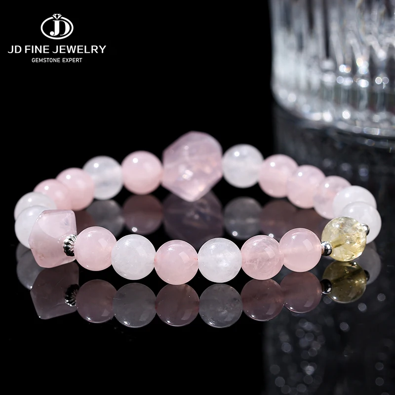 JD Natural White Jade And Madagascar Rose Quartz Bracelet Women Elegant Sweet Design Reiki Healing Bead Strand Jewlery Girl Gift