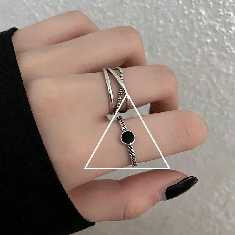Women's 925 Sterling Silver Adjustable Black Stone Stackable Ring