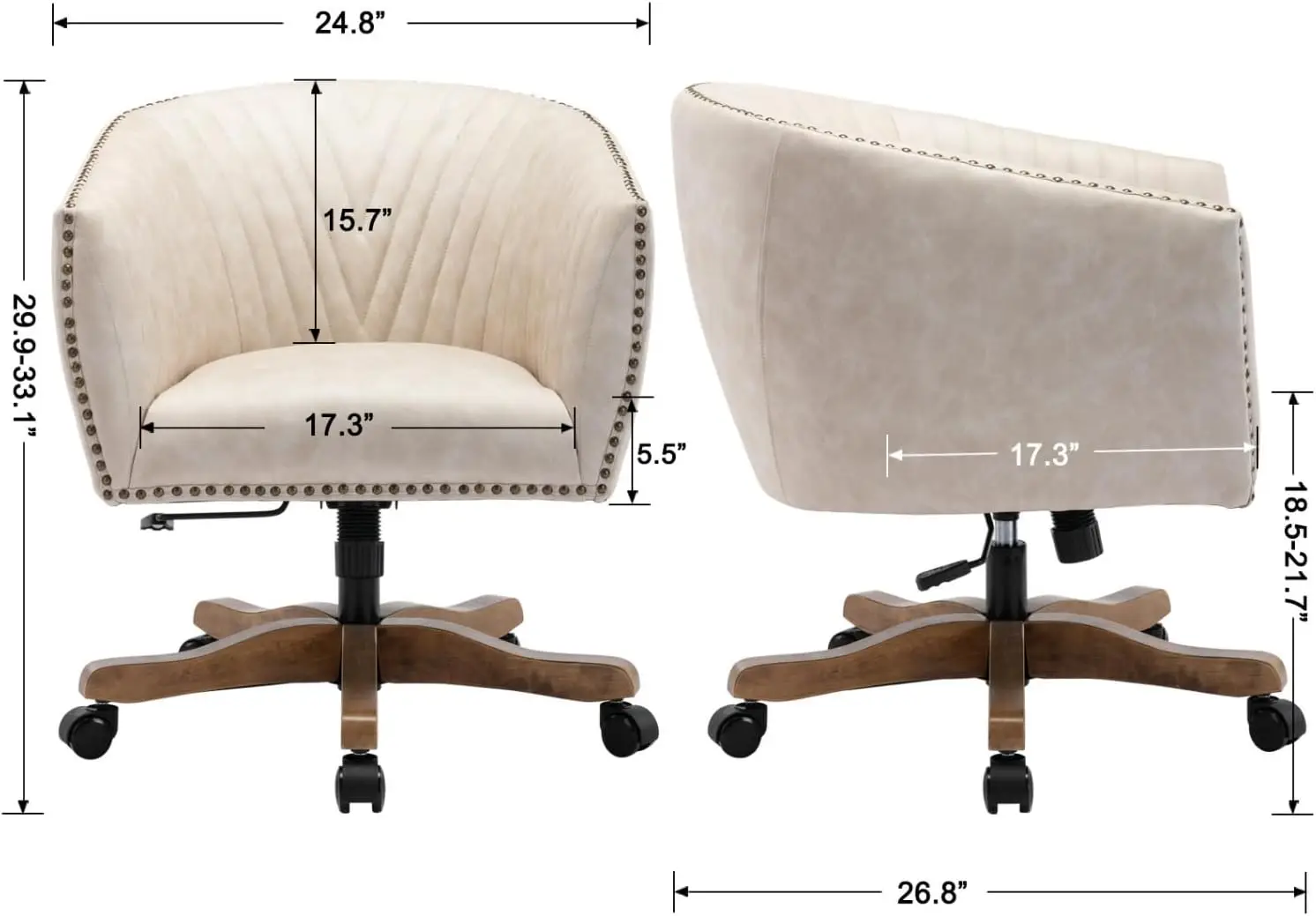 Home Office Study, Beige Faux Leather Chair, Upholstered Barrel Design, Adjustable Arm, Nailheads, Silent Wheel