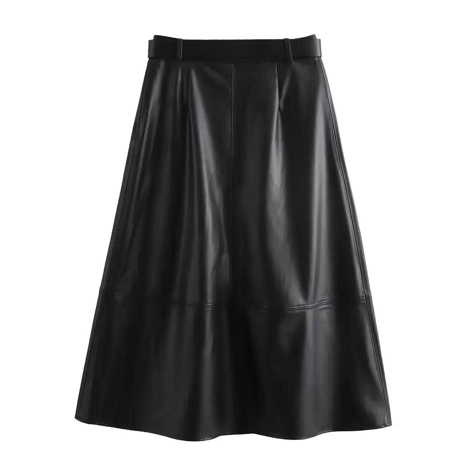 Falda MIDI de piel sintética informal negra con decoración de cinturón a la moda para Mujer, falda retro de cintura alta con cremallera lateral para Mujer