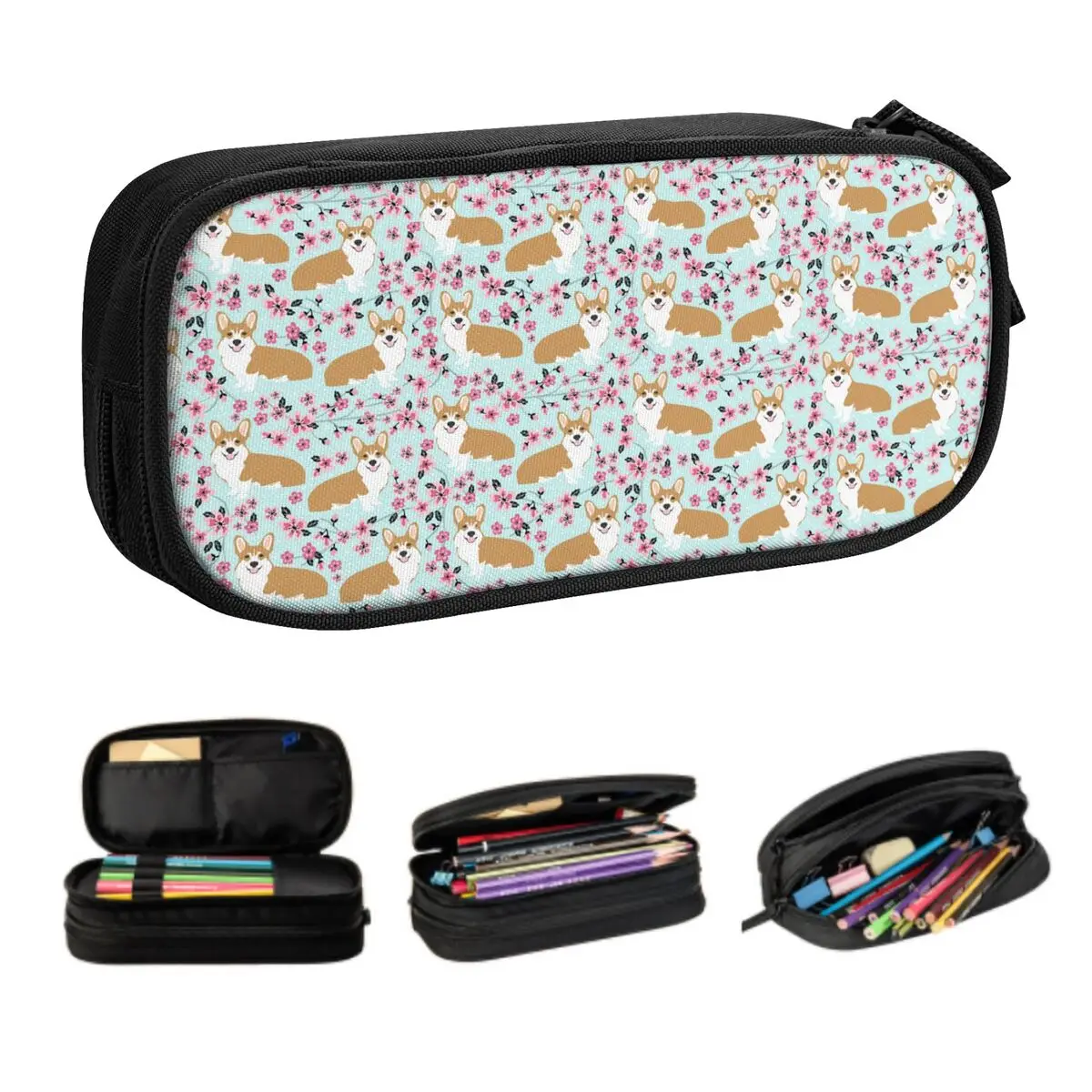 Kawaii Corgi Cherry Blossom Floral Dog Pencil Case for Boys Gilrs Custom Large Storage Pen Box Bag School Accessories