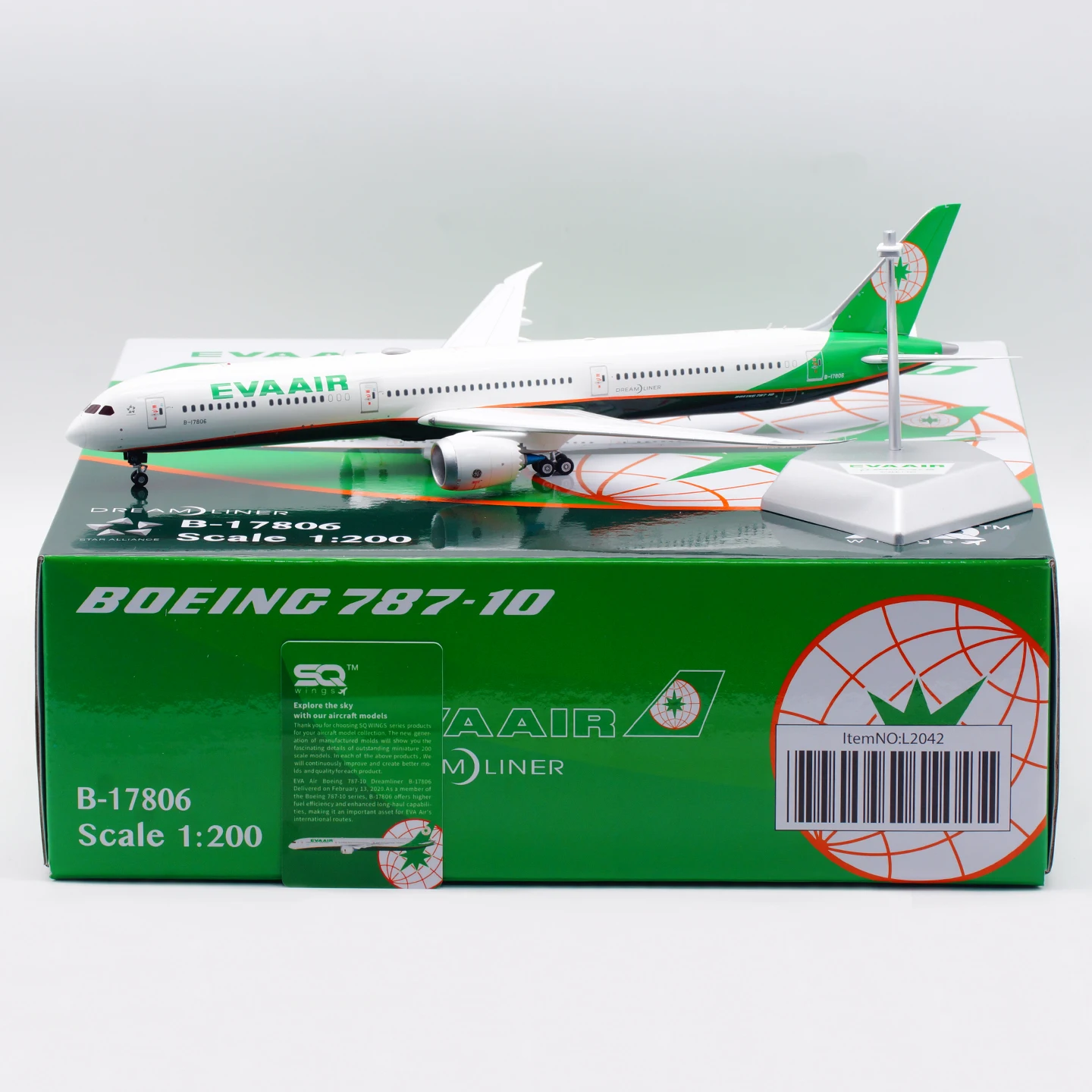 

L2042 Коллекционный самолет из сплава в подарок SQ Wings 1:200 EVA AIR «Dreamliner» Boeing B787-9 Литая под давлением модель самолета B-17806