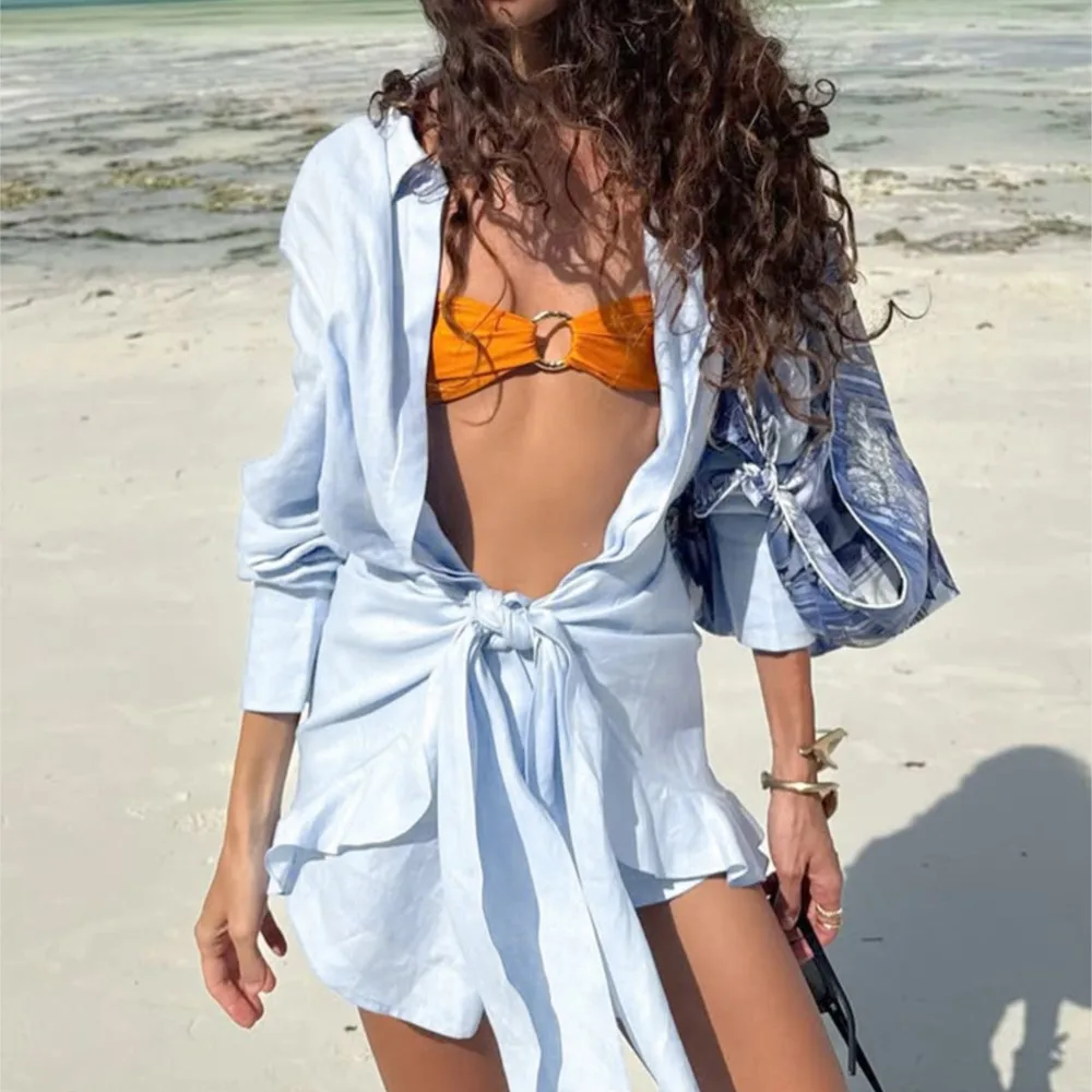 

Summer Fashion Shirt Dress Summer Solid Color New Resort Style Lapel Slim Lace Long Sleeve Single Breasted Irregular Beach Dress