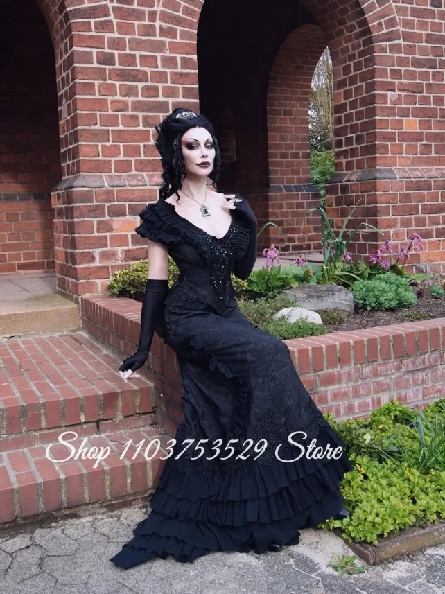 Dunkles Gotisches Viktorianisches Spitzen-Meerjungfrauenkleid Maßgeschneidertes V-Ausschnitt Ärmelloses Perlenbesetztes Korsett-Abendkleid Halloween-Kostüm 2026