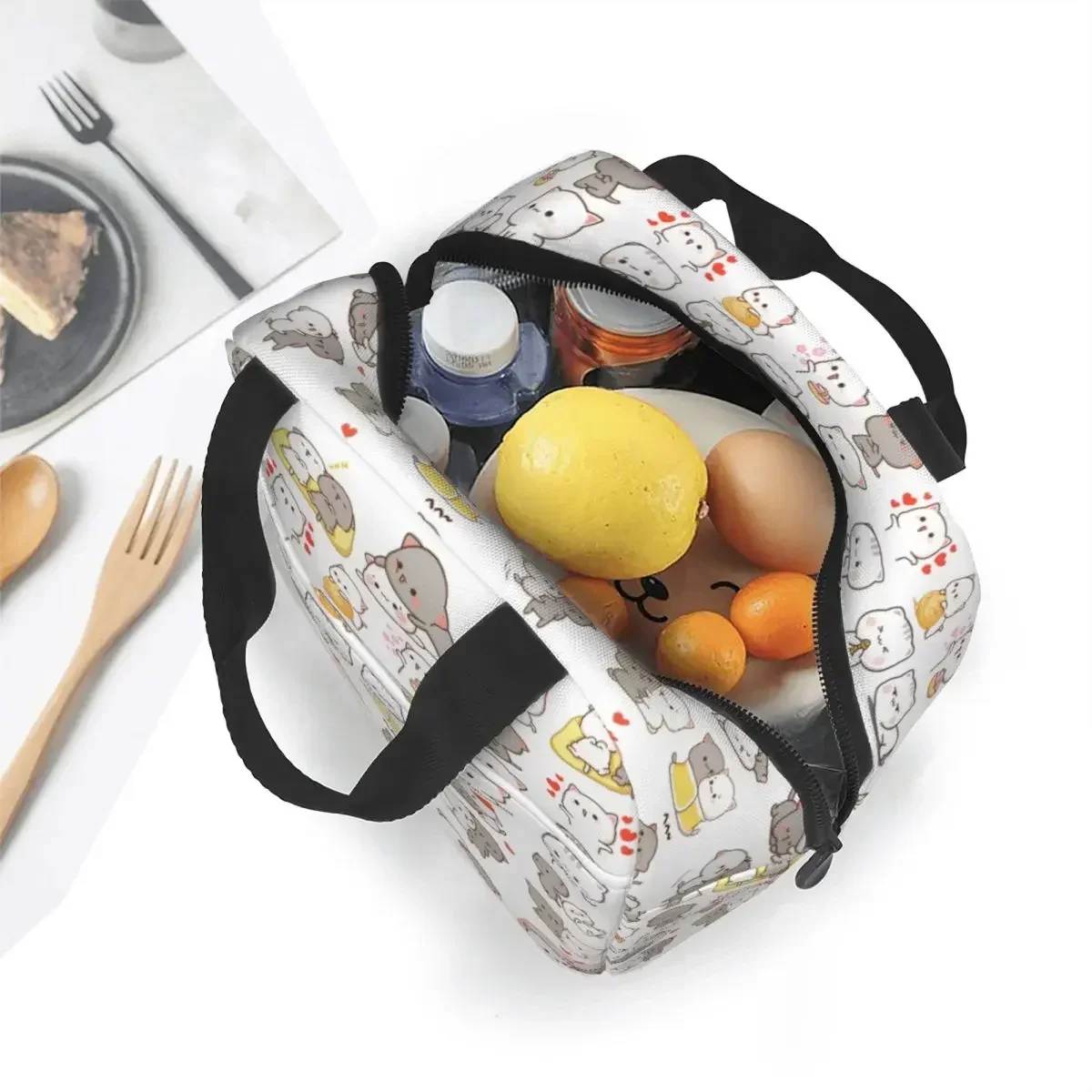 Cute Peach And Goma Insulated Lunch Bag Thermal Bag Lunch Container Cartoon Mochi Cat Large Tote Lunch Box School Travel