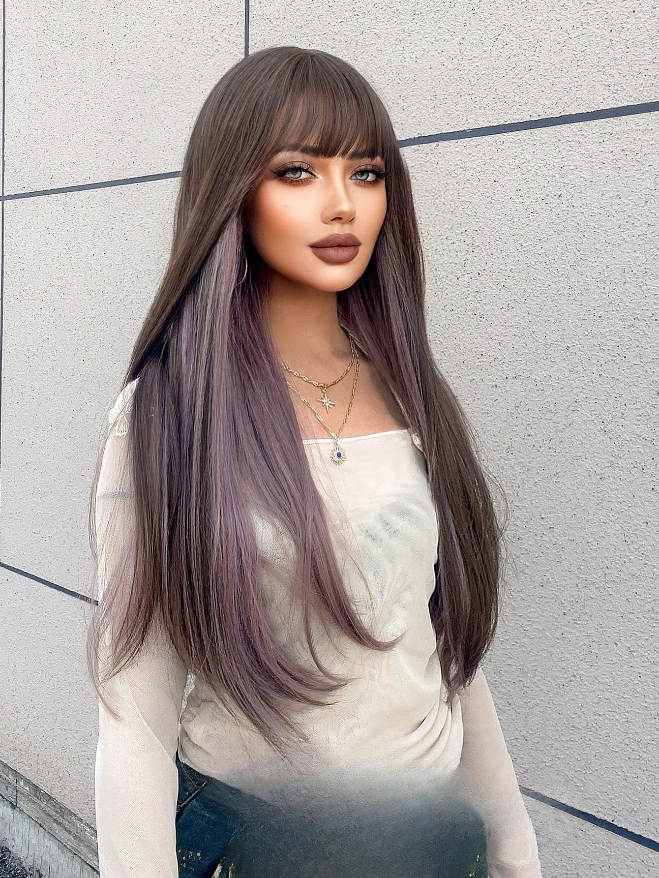 Wig Female Long Straight Hair Highlights Qi Bangs JK Realistic Scalp Lolita Natural Daily Facial Trim Full Headgear
