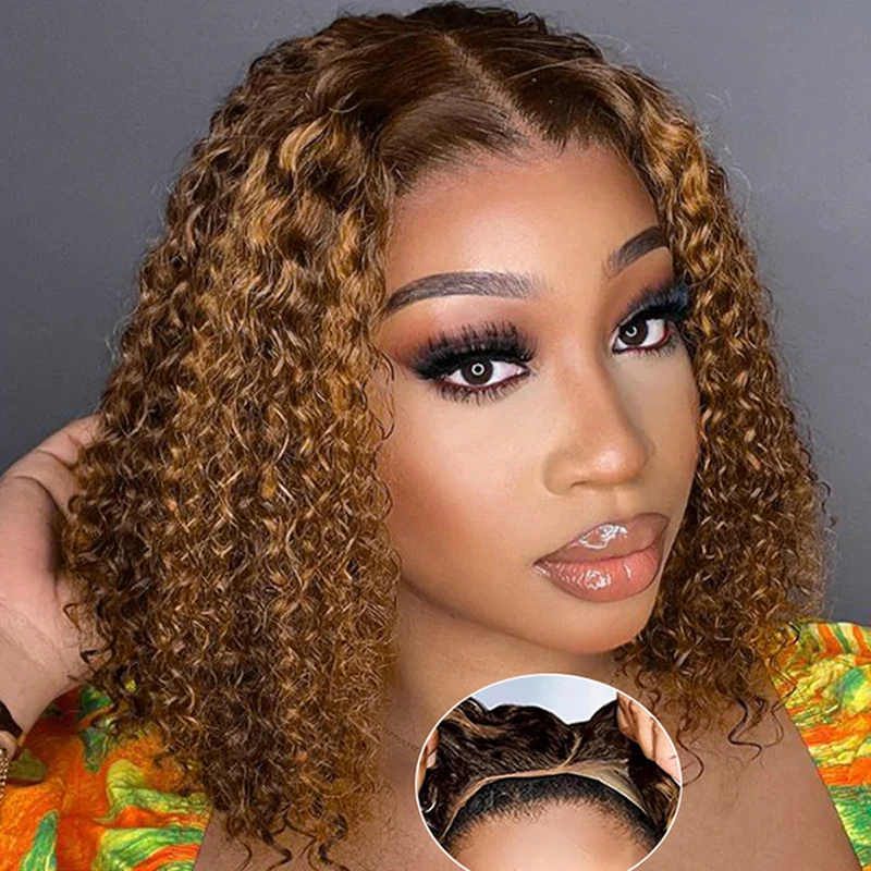 Ombre Glueless Ready To Wear Bob Wigs Human Hair P4/27 Highlight 13x4 HD Lace Frontal  Deep Wave Wig 18 Inch Lace Front Pre Plucked Pre Cut Kinky Curly Short Wig HD Transparent Brazilian Virgin Hair