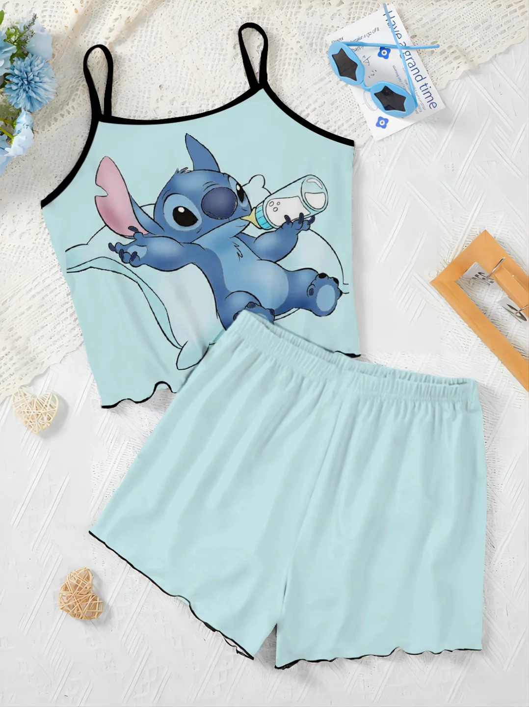 Damen anzug Salat besatz Pyjama Rock kurze Sets Slip Kleid Stich Top Disney T-Shirt Stücke elegante 2-teilige Disney Home Kleid