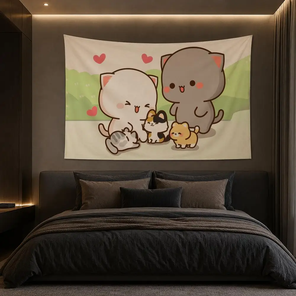 P-Peach Cat Tapestry Bedroom Living Room Bar Party House Home Dorm Interior Wall Decor Background Banner