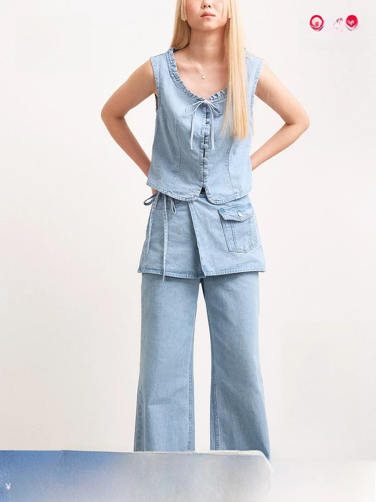 

Faionable Bell Bot Workwear Pants for Women Spring Season Wrap Skirt Design Casual Cotton Straight Leg Trousers