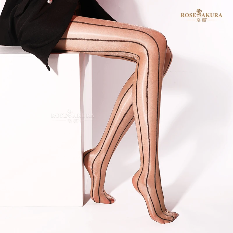 Sexy Oil Flash Black Silk Stockings Slimming Vertical Stripes Shiny Eight Lines Tights Women Ultra-thin Open Crotch Pantyhose