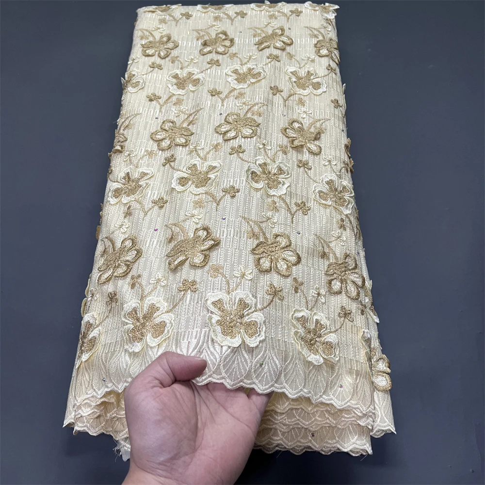 

African Nigerian 2025 High Quality Tulle Lace Fabric for Dress Sewing Damask Cotton Pure Embroidery Wedding Party 5Yard hz1399