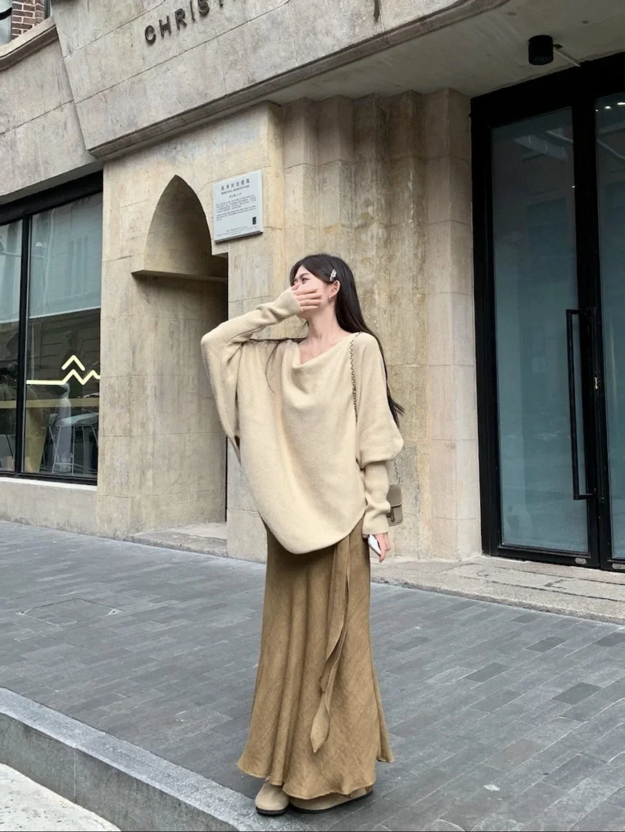 

Laid-ba Sle One-oulder Knitted Sweater Batwing Sve Women's Top Irregular Design Spring Autumn New Arrival