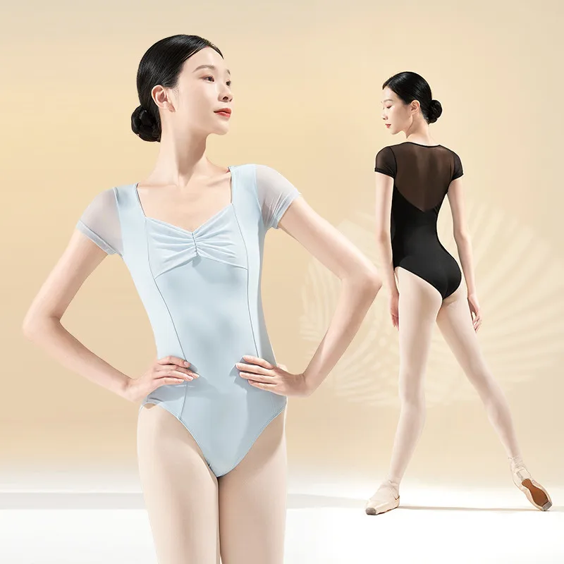 Dames Balletmaillots Trekkoord Plooien Mesh Splice Dans Kostuum Gymnastiek Yoga Badmode Turnpakje Elegante Bodysuit