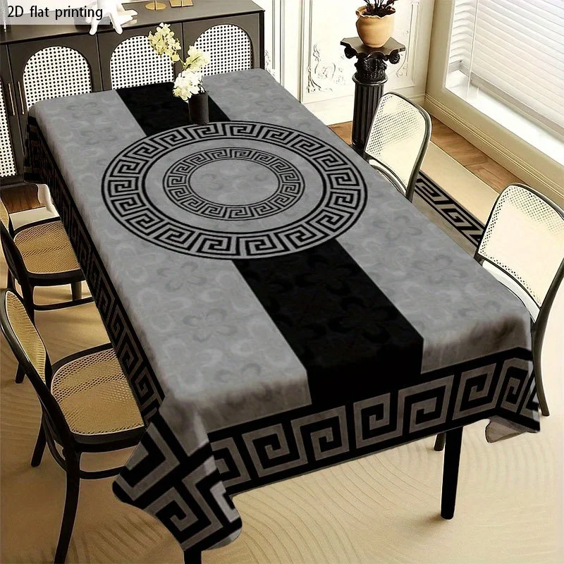 1pc Greek Key Pattern Tablecloth Black Grey Elegant Home Decor,Aesthetically Pleasing and Durable