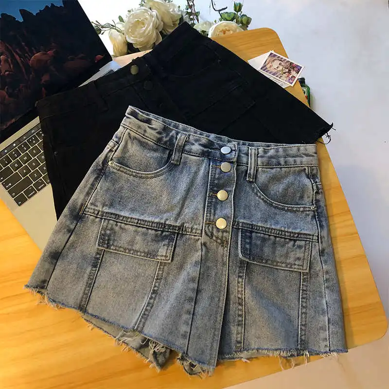 

Fake Two-Piece Jeans Skirts Shorts Women Summer New Fat MM High Waist Denim Shorts Streetwear Casual Ladies Black Shorts C8088