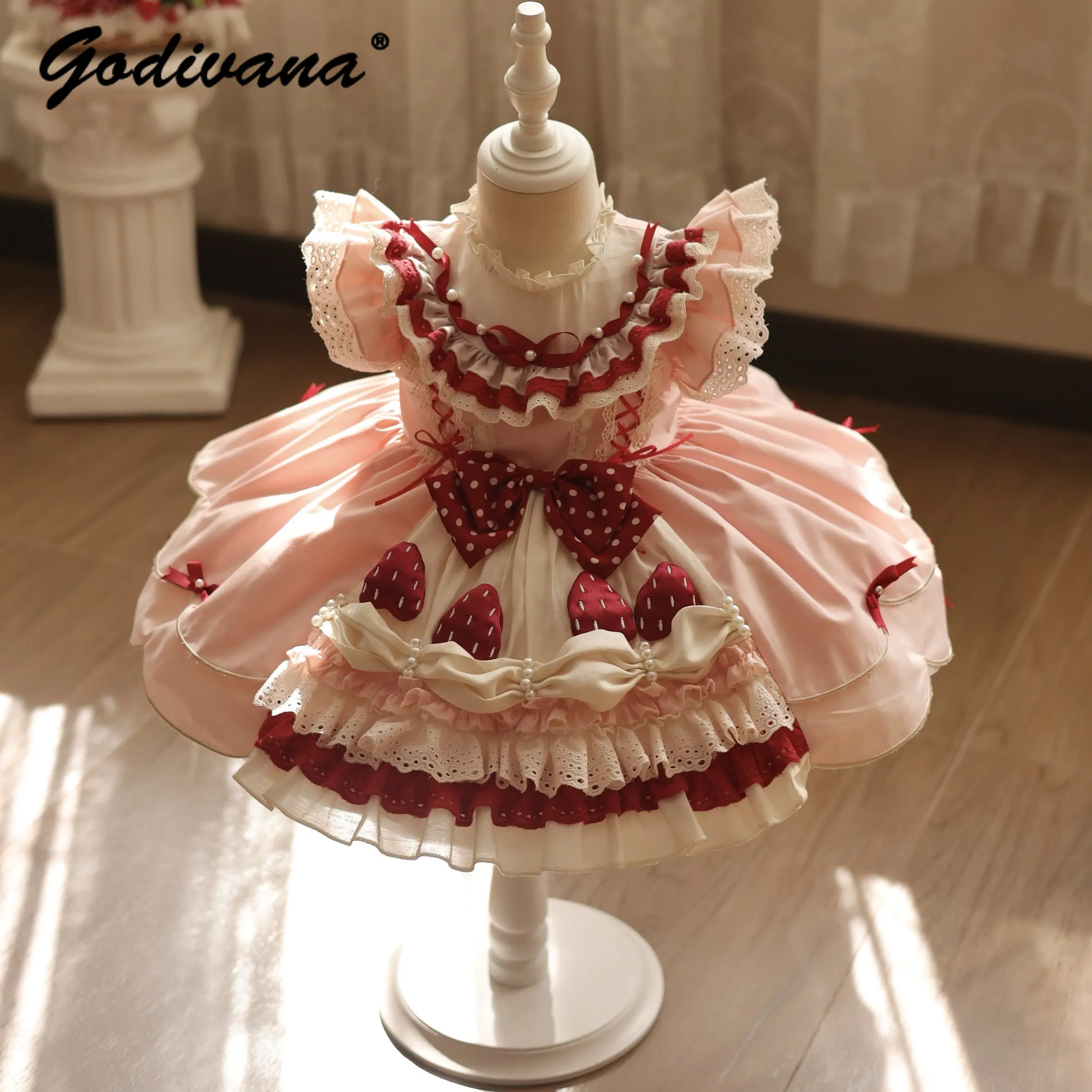 Sweet Baby Girls Cute Strawberry Lolita Cake Dress New Summer 2026 Kids Birthday Party Feifei Sleeve Lace Ruffle Trim Ball Gown
